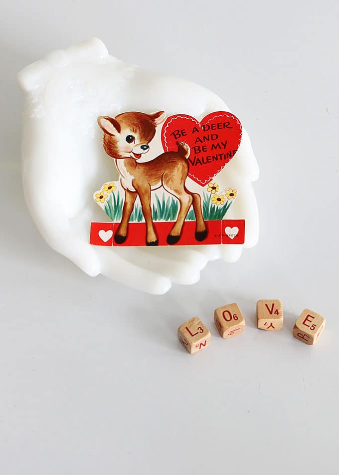 Vintage classroom valentine displayed in an Avon hand