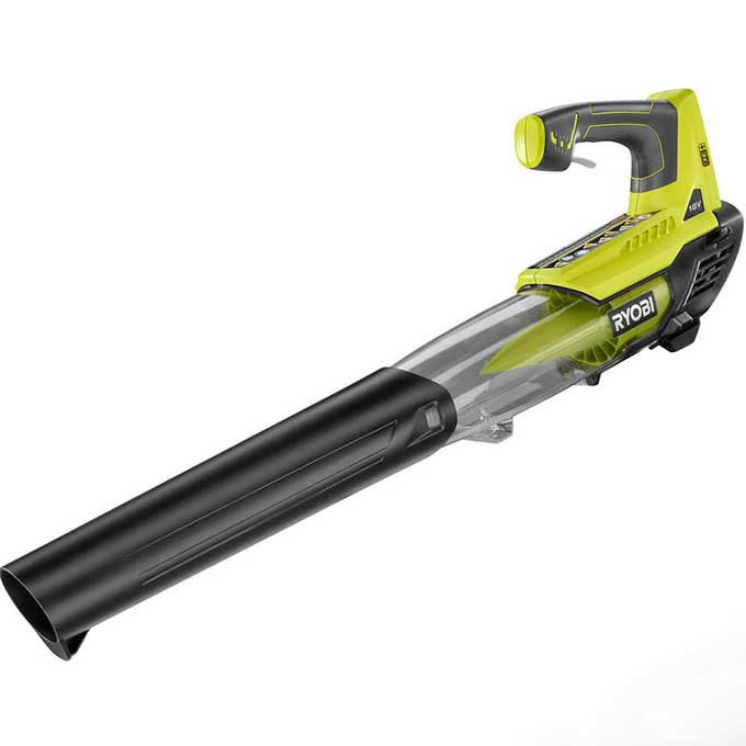 Battery operated leaf blower made by Ryobi Tools - a great gardening tool for seniors
