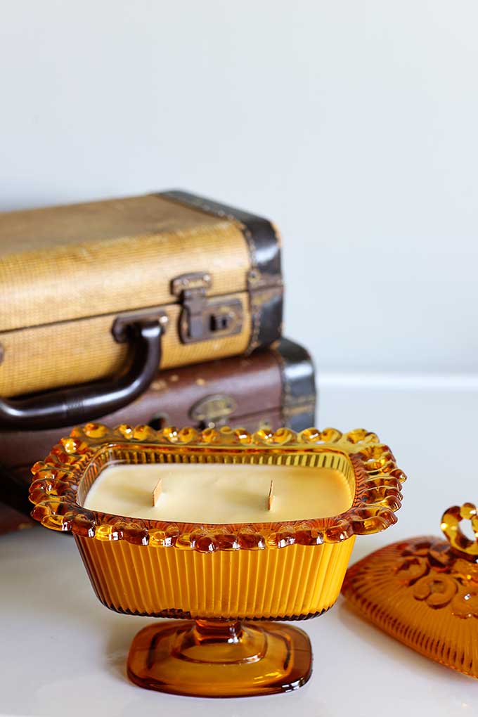 Repurposing a 1970's era candy dish from the thrift store into a candle.