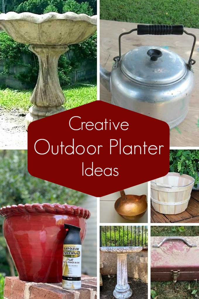 Quick and easy outdoor planter ideas from repurposed thrift store items.