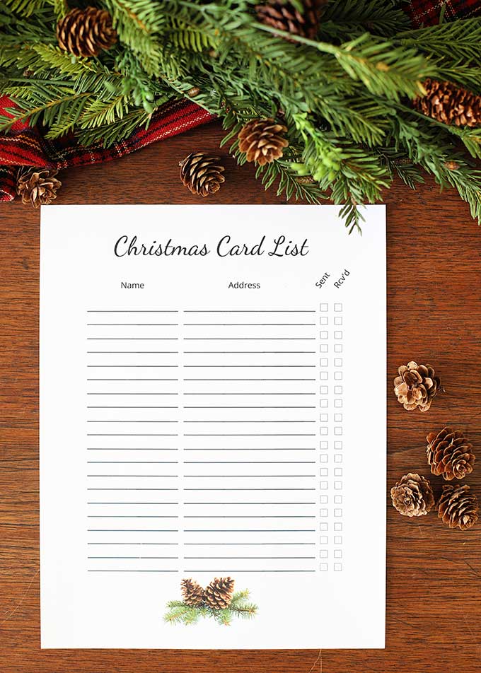 FREE printable Christmas card list to organize your Christmas cards.