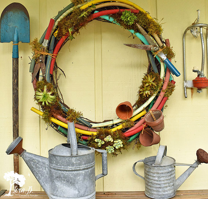Spring wreath made from garden hoses