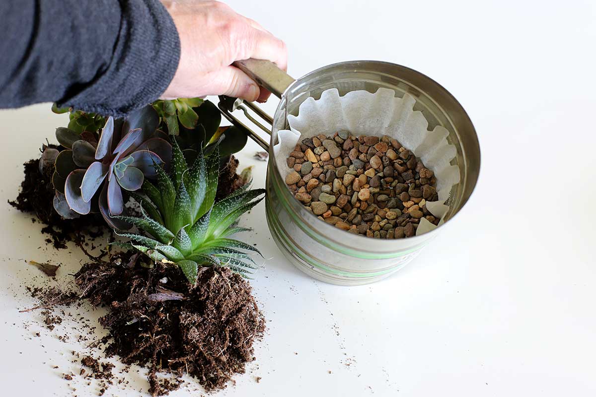 adding coffee filter and pebbles to bottom of flour sifter