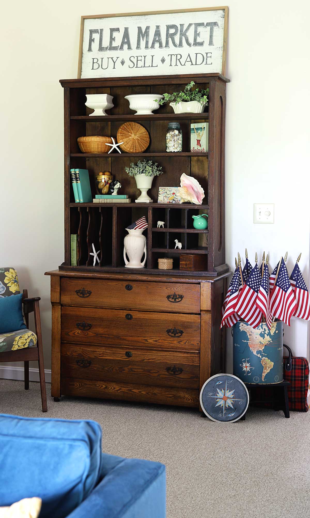 bookcase cabinet decorated for summer