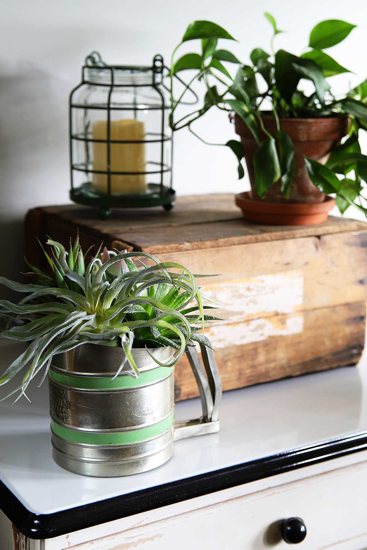 farmhouse kitchen decor using flour sifter as planter