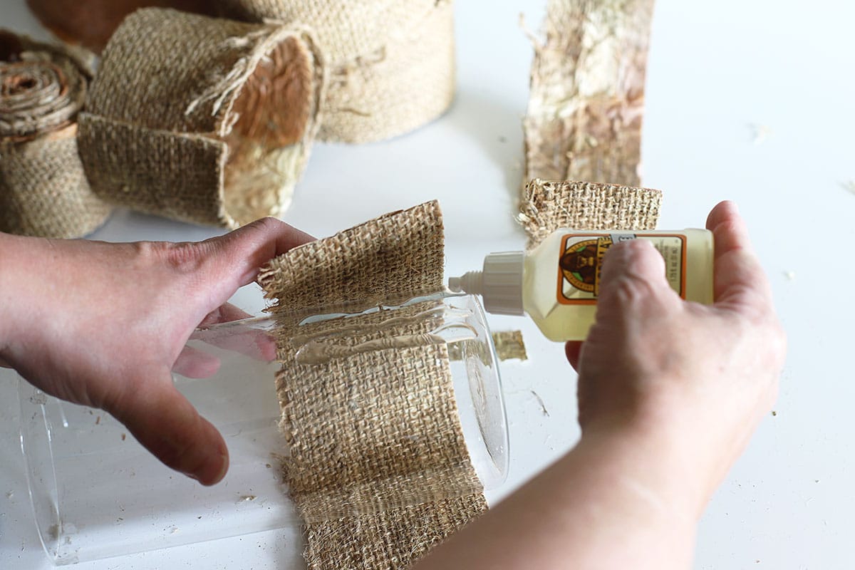 gluing birch bark to vases 