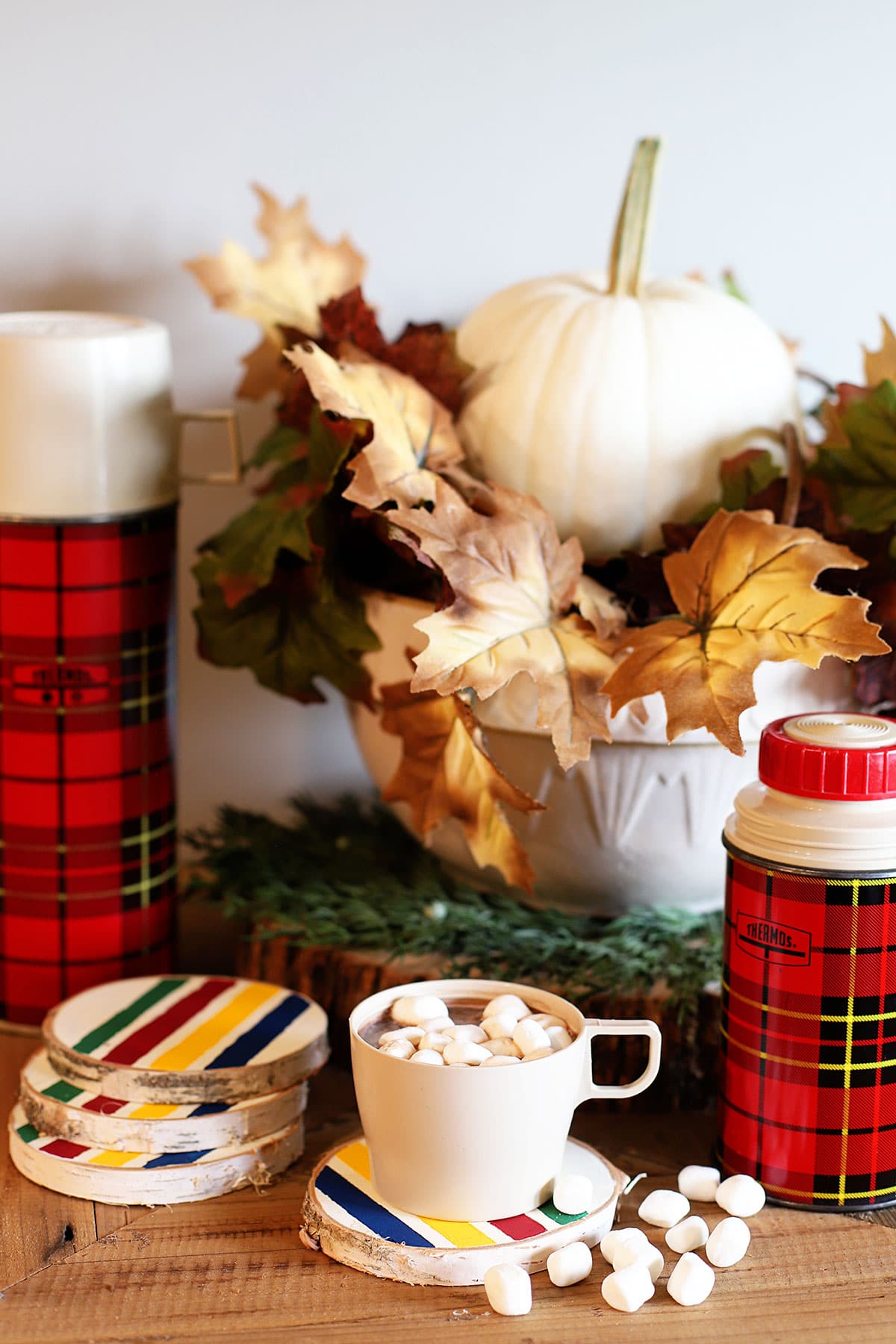 DIY fall coasters with Hudson Bay blanket design