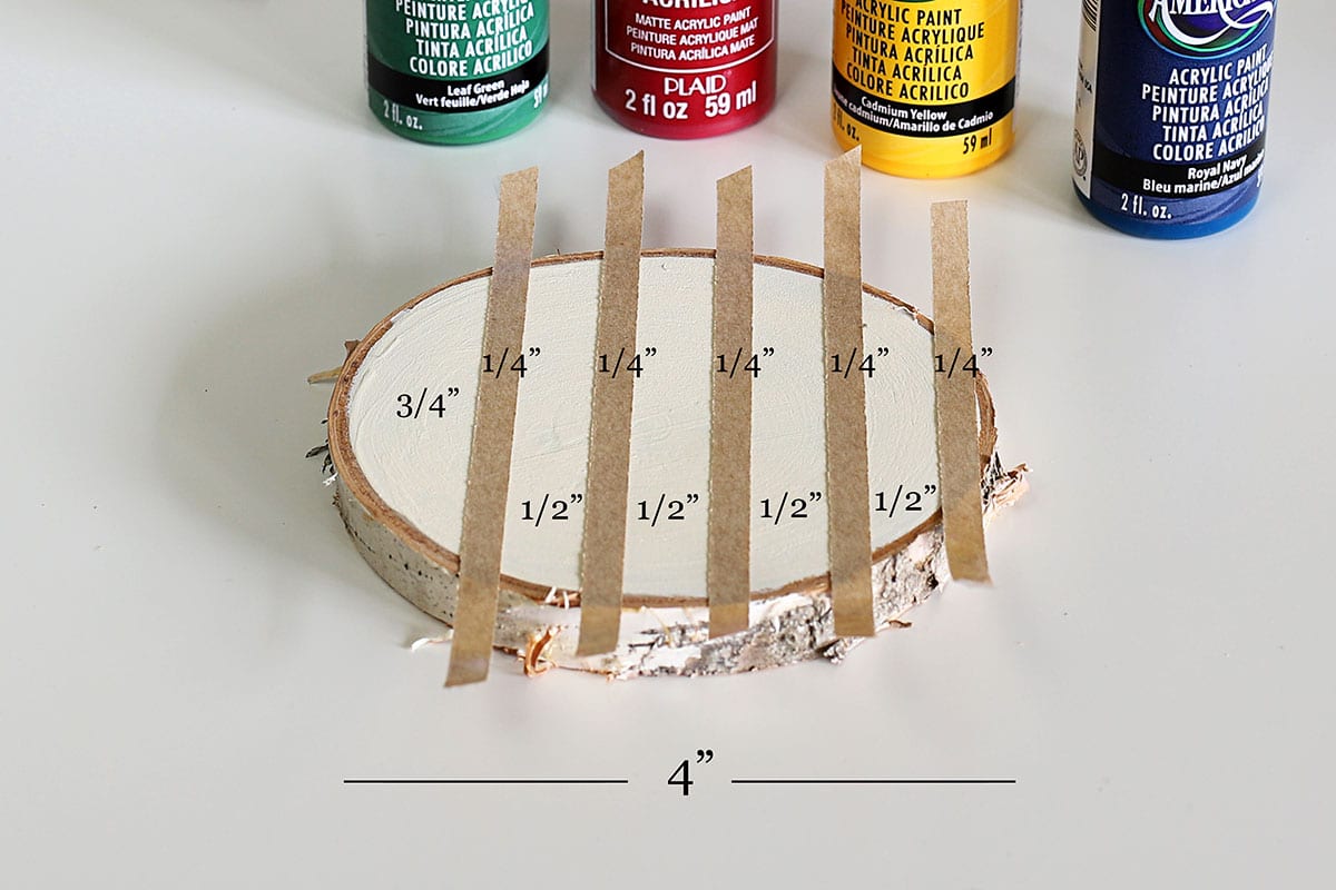 measuring for correct tape placement for Hudson Bay blanket inspired coasters