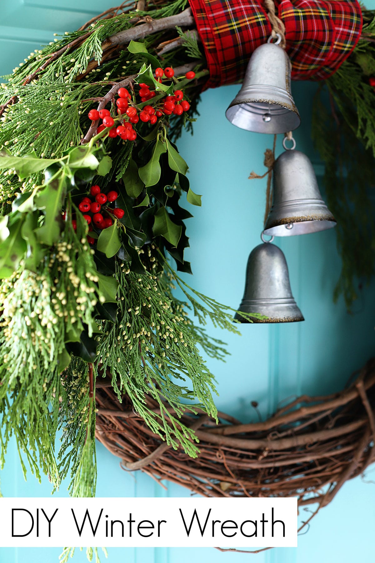 DIY winter wreath made with cedar boughs and holly