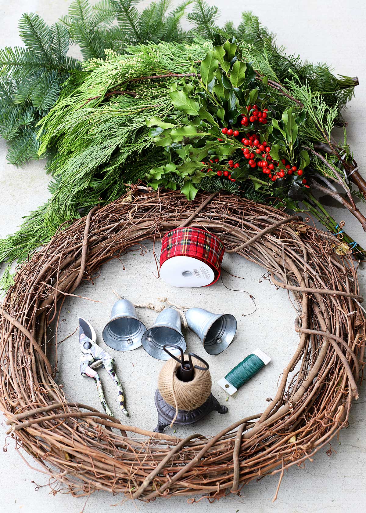 supplies for making a fresh evergreen wreath