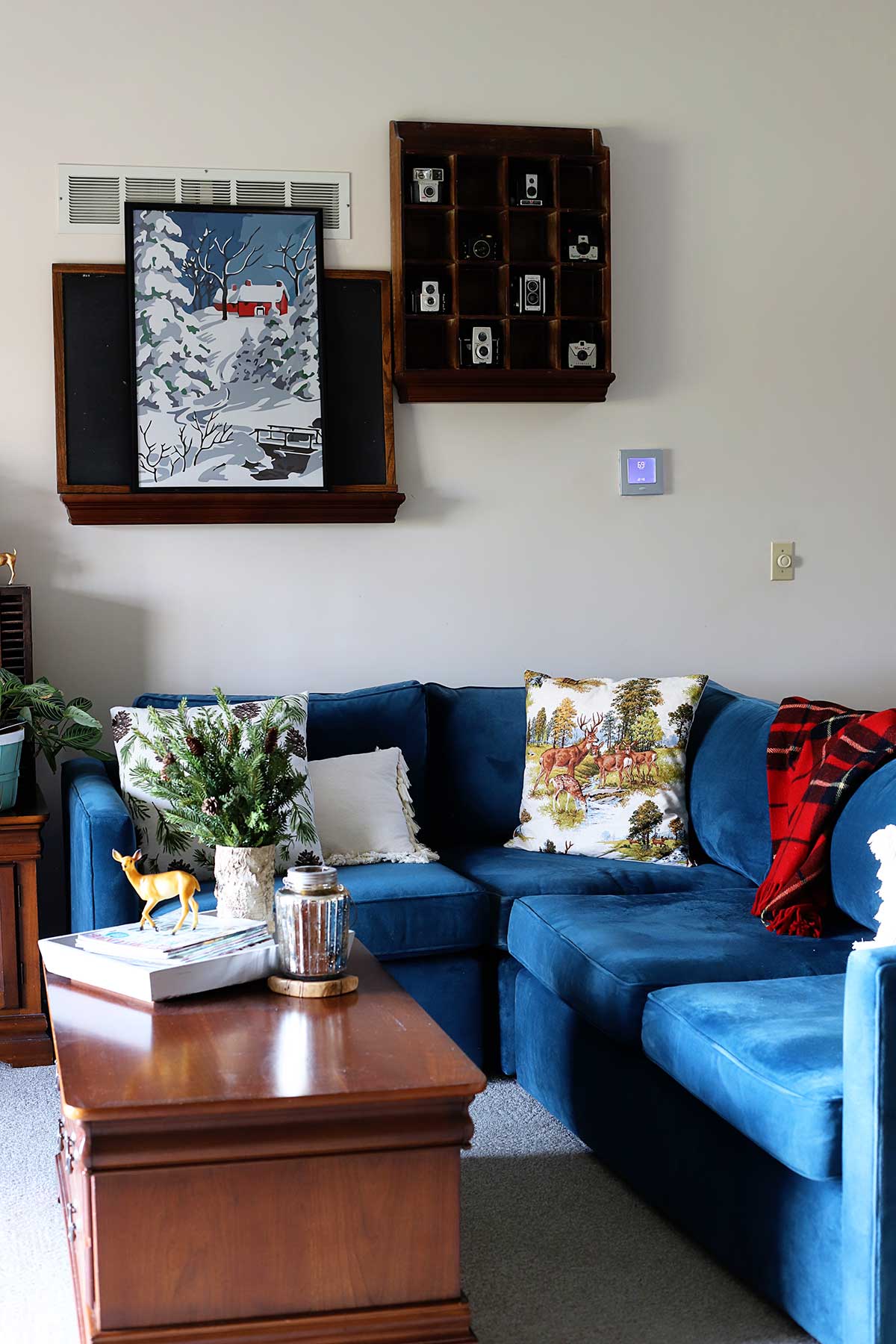 blue couch in the living room for Christmas