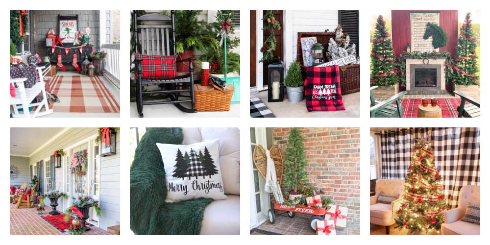 collage showing eight different porches decorated for Christmas