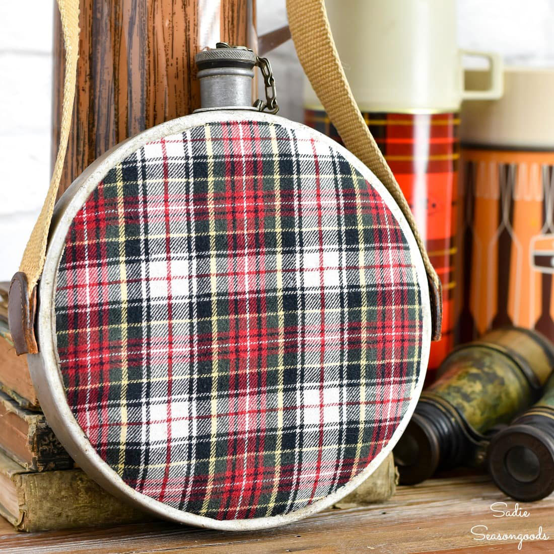 vintage metal canteen upcycled with plaid flannel shirt fabric