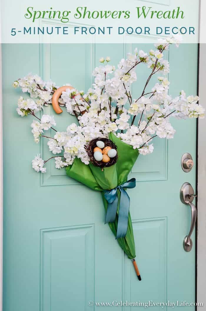 Spring wreath made with an umbrella.