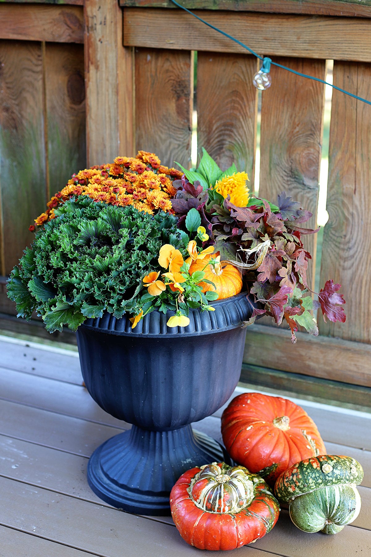 Fall planter using traditional fall plants including mums, ornamental cabbage, pansies and pumpkins.