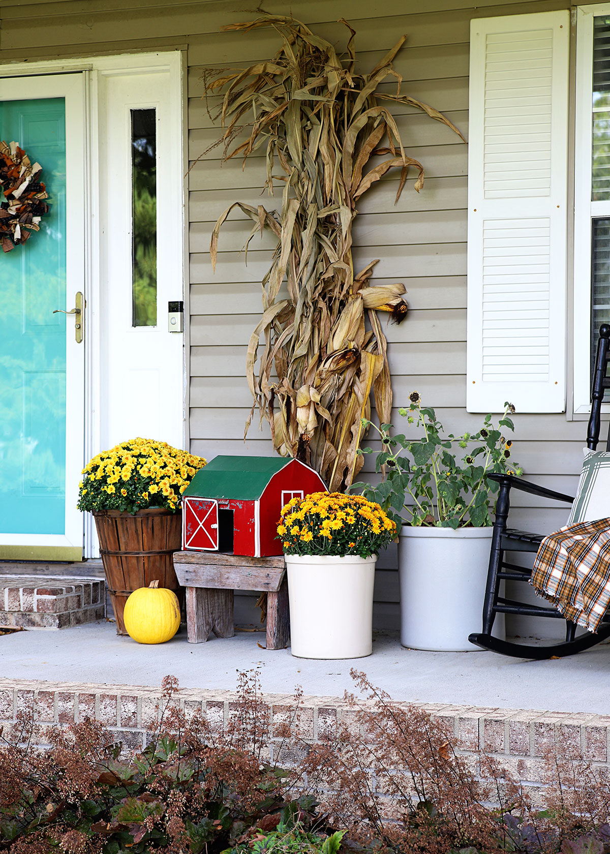 Fall porch decor including mums. sunflowers, cornstalks and a handmade toy red barn. 