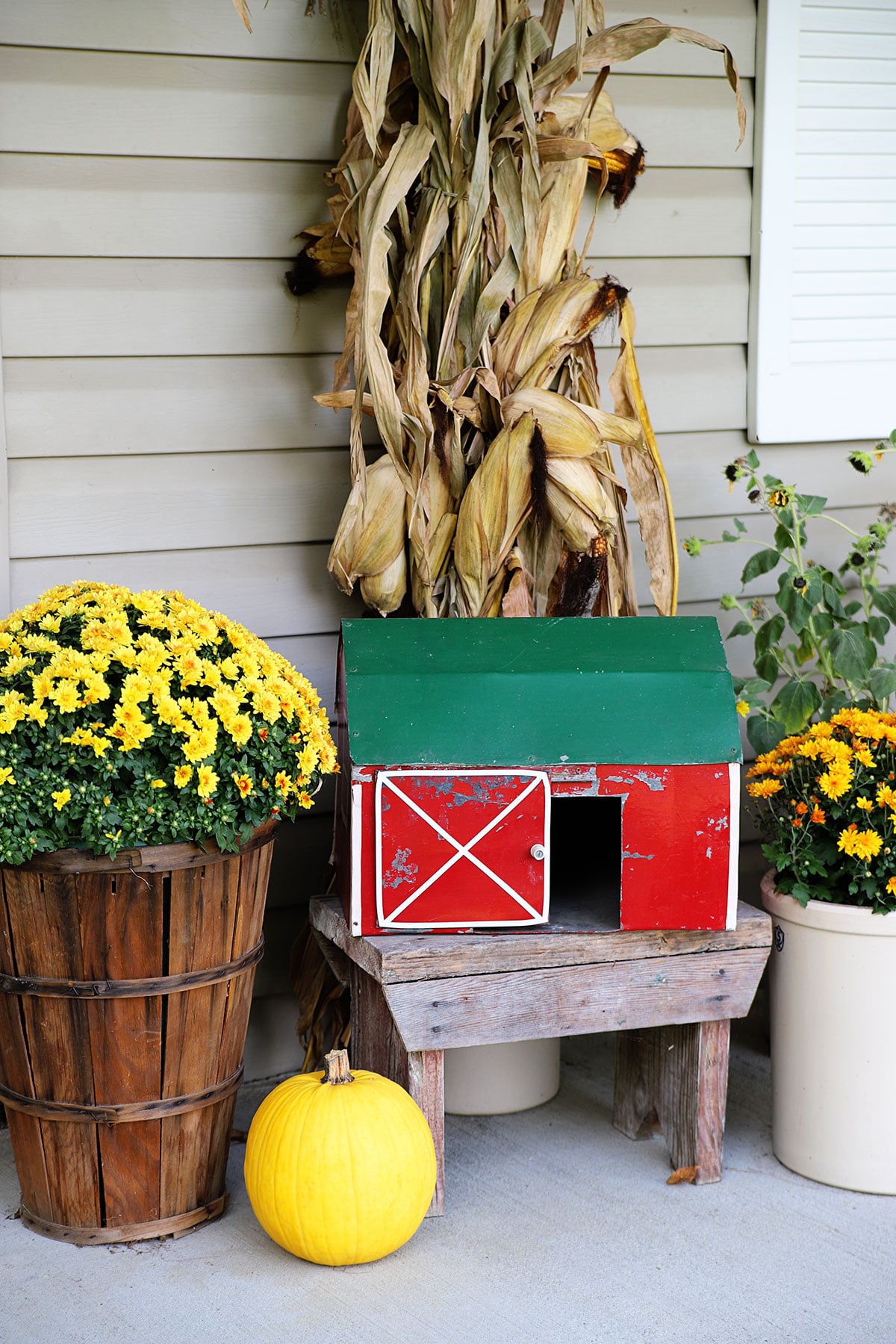 A red toy barn, yellow mums and cornstalks on a fall porch.