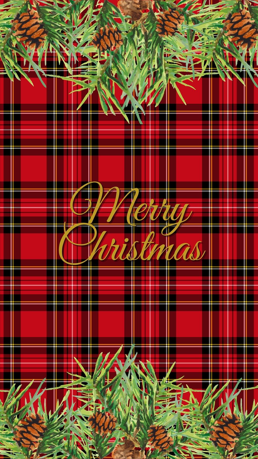 Plaid phone wallpaper background with Merry Christmas written in the middle and pinecones and pine boughs on the top and bottom.