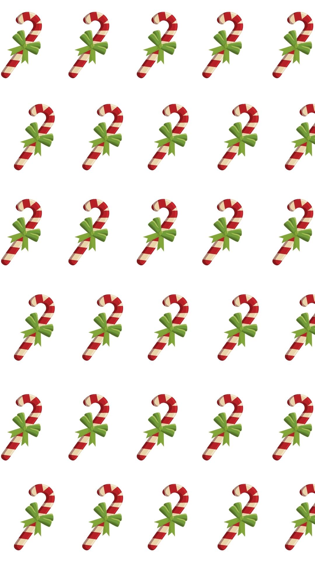 A pattern of repeating red and white candy canes with bows used as a phone wallpaper background.