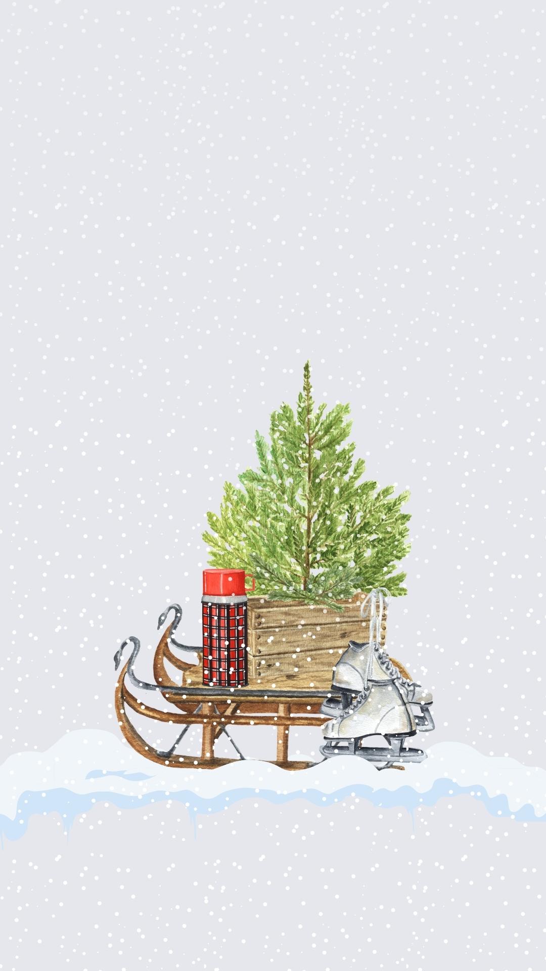 Watercolor Christmas phone wallpaper background of a vintage sled with Christmas tree, plaid thermos and ice skates. 