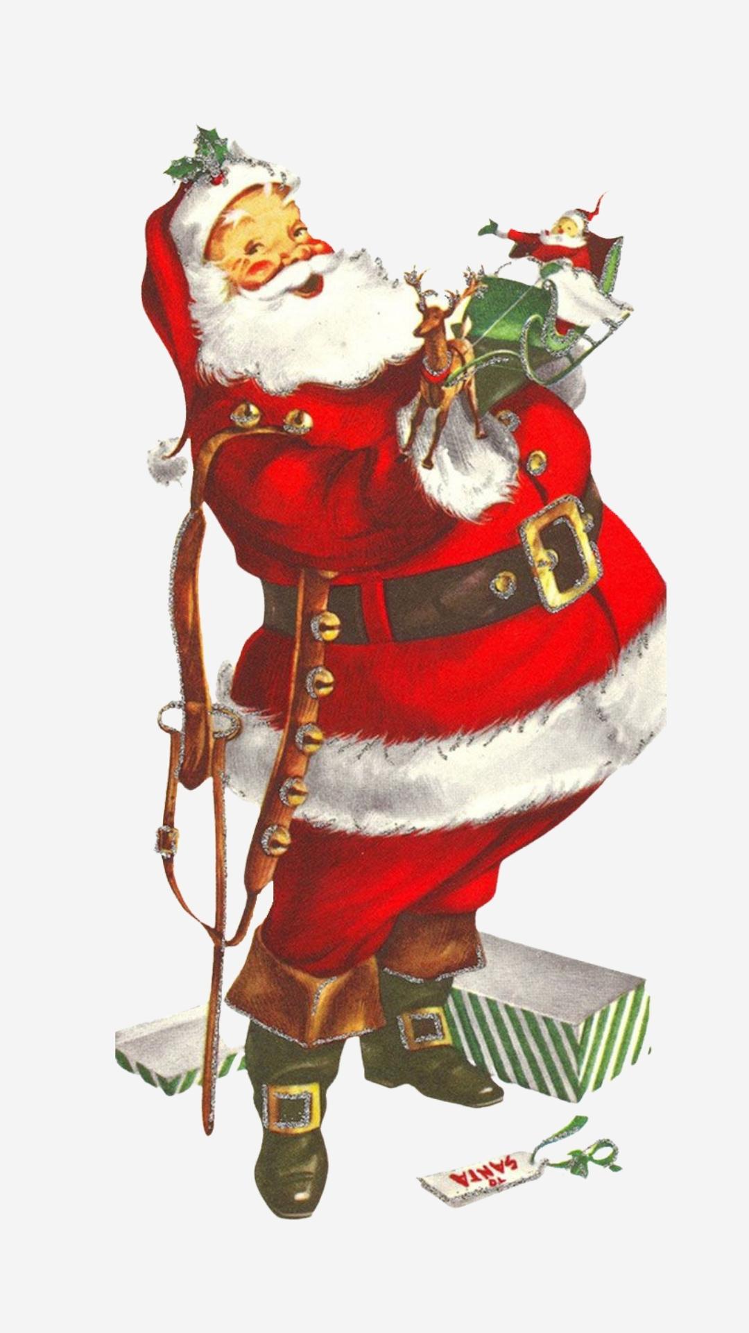 Vintage Santa Claus image used as a Christmas phone wallpaper background.