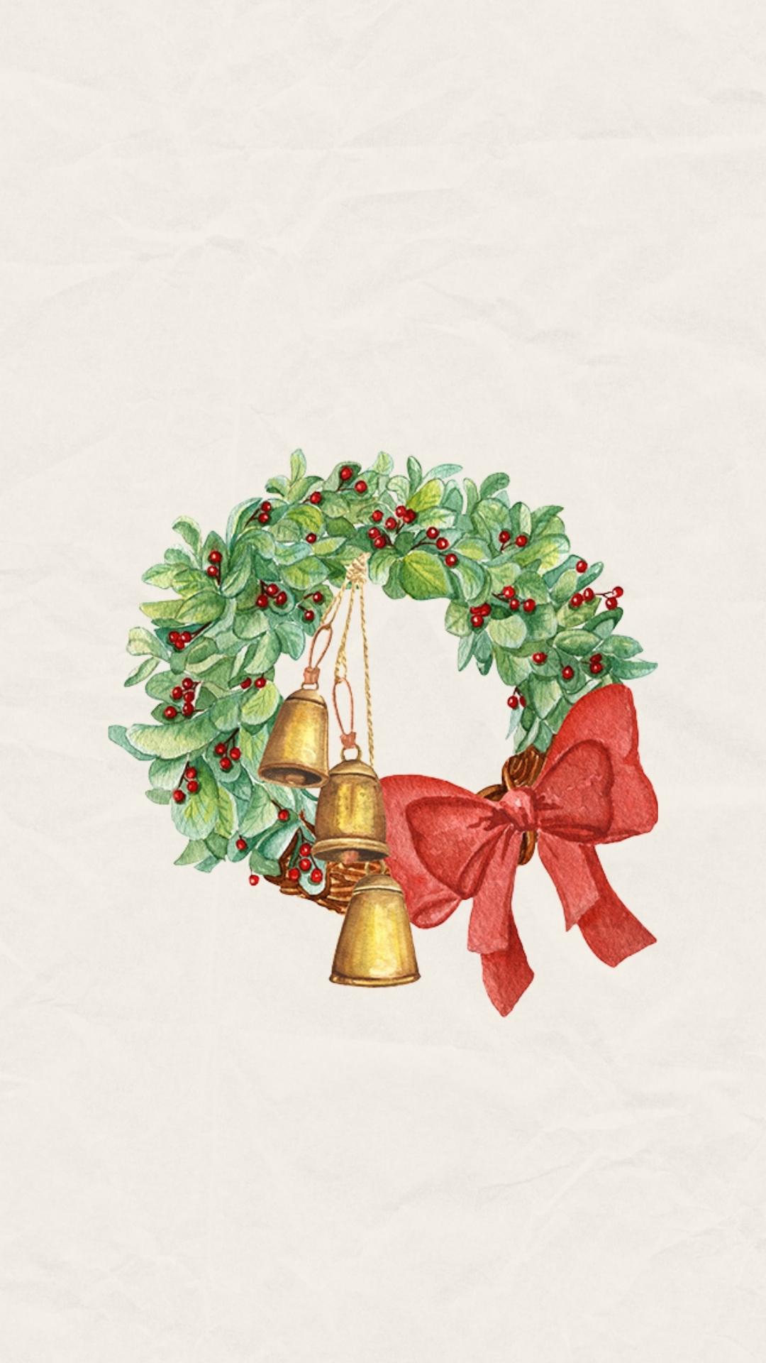 A Christmas phone wallpaper background with a simple watercolor wreath on an off-white background.