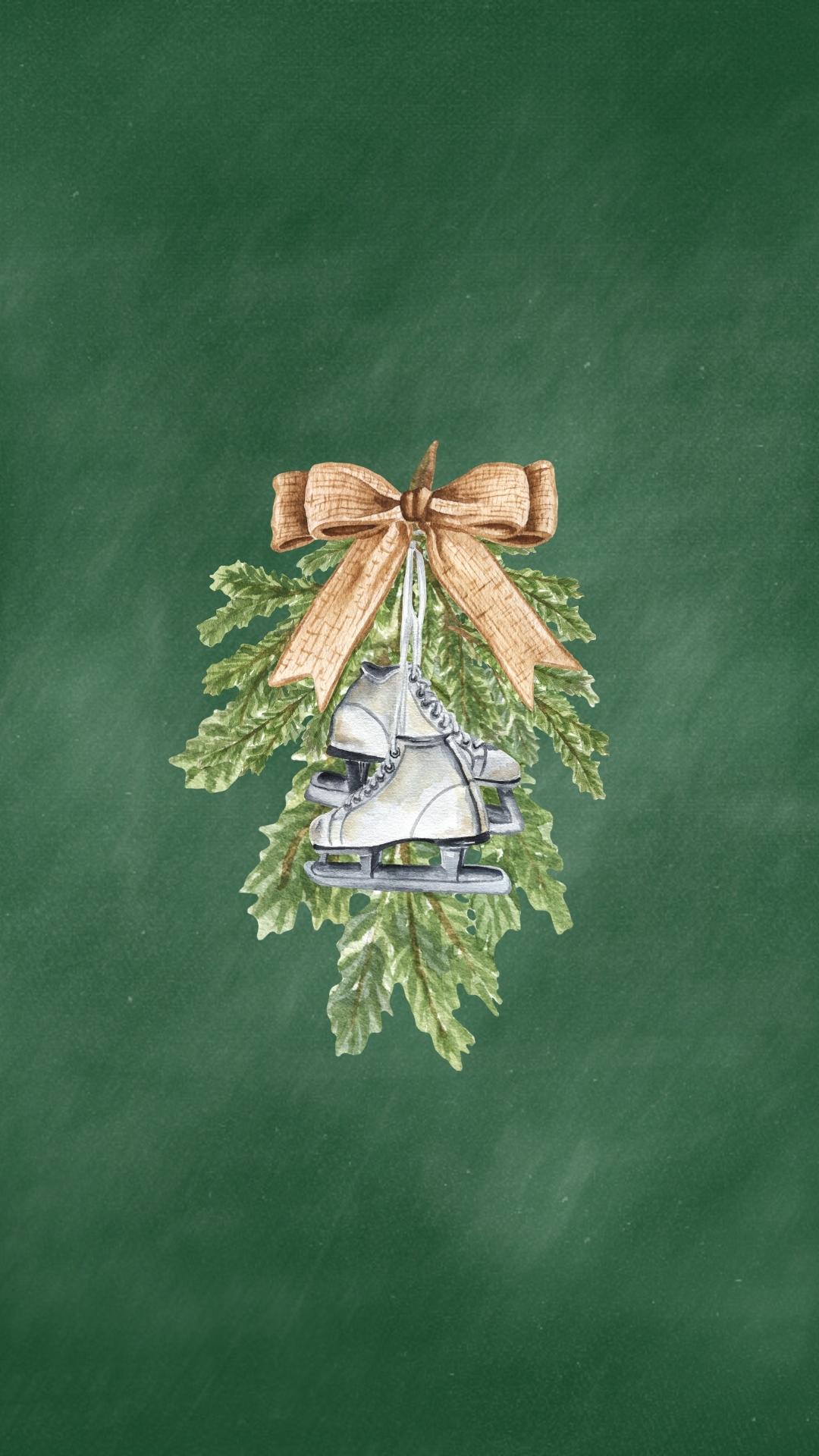 Holiday phone wallpaper showing pine bows and ice skates on a green chalkboard background.