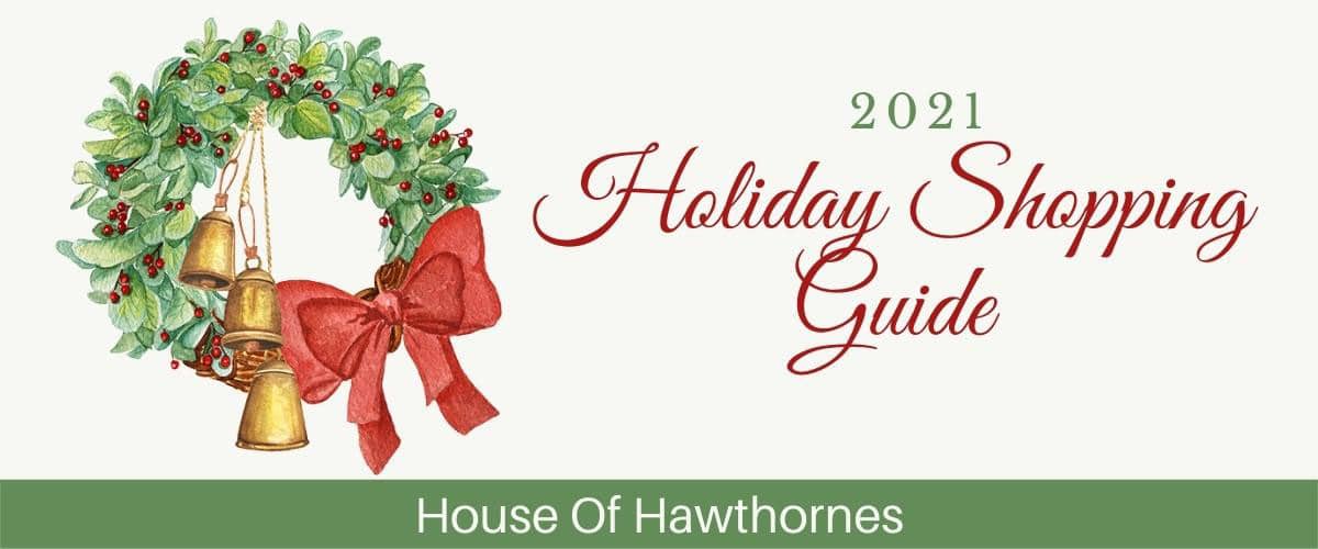 Holiday Shopping Guide for 2021 showing a watercolor wreath with greenery, bells and red bow.