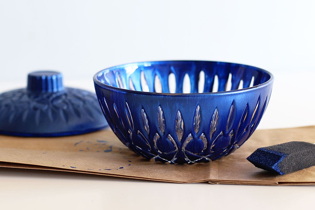 Thrift store candy dish painted blue.