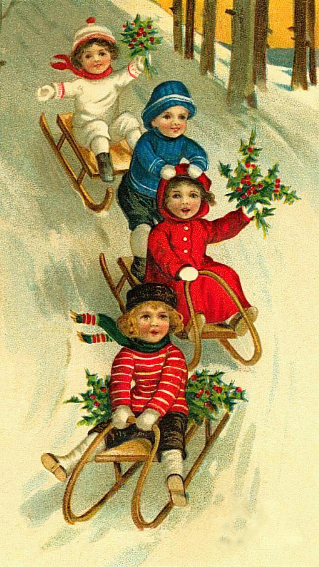 Vintage postcard image of children sledding used as an Christmas phone background.