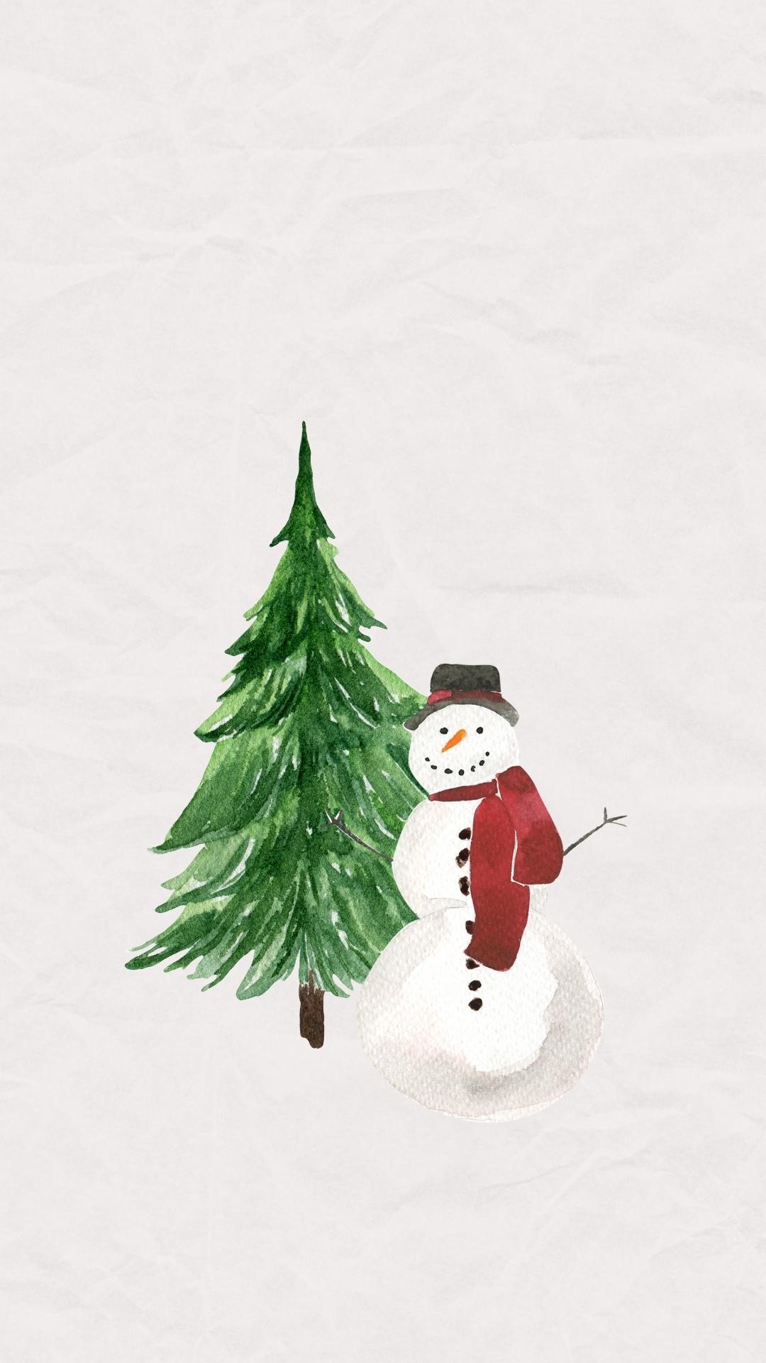 Background for your phone featuring a winter snowman and pine tree.