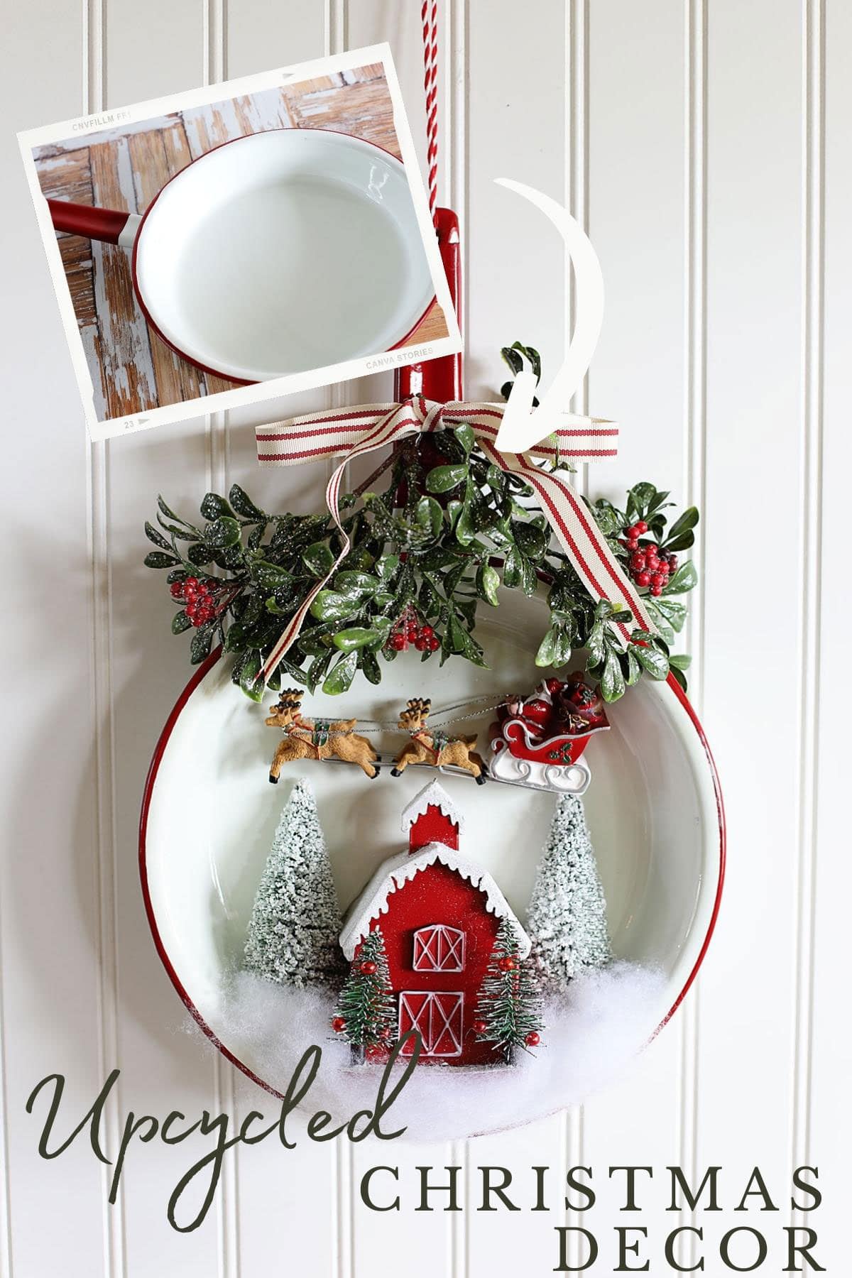 Upcycled frying pan into Christmas decoration.