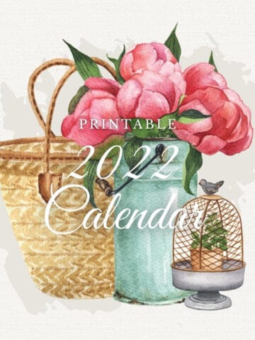 Free printable 2022 calendar featuring watercolor images in a vintage farmhouse style.