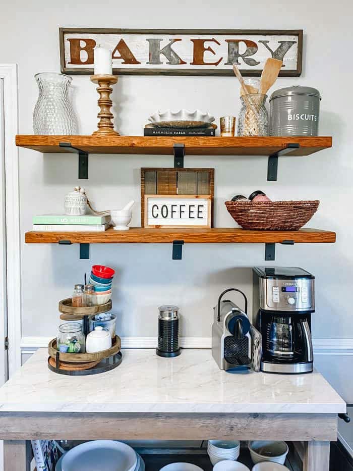 DIY farmhouse style shelving in the kitchen.