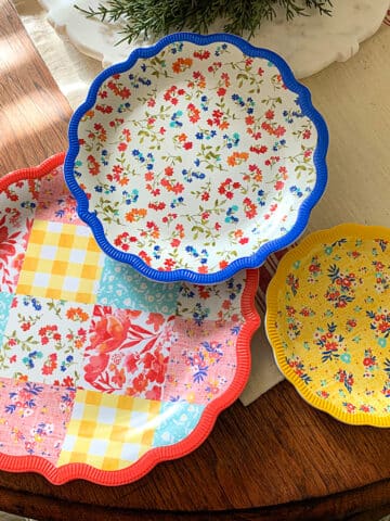 Pioneer Woman Patchwork Medley Melamine Dinner Plates used as a tiered serving tray.