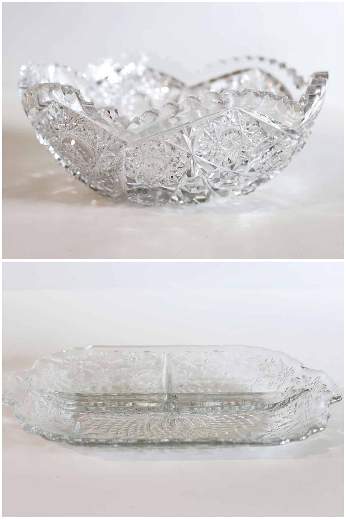 Showing the difference between cut glass and pressed glass - using a cut glass serving bowl and a pressed glass divided serving dish.