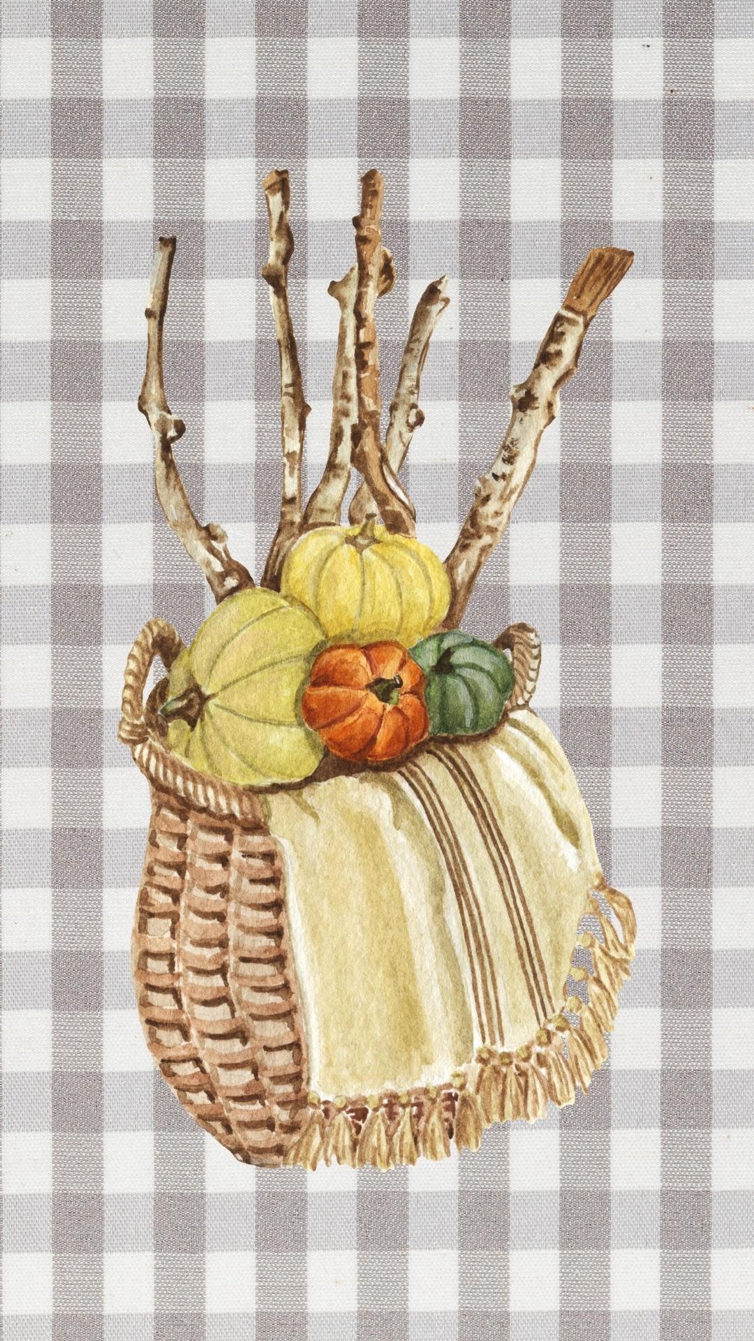Gray buffalo check plaid iPhone background for fall with pumpkins and sticks in a basket.
