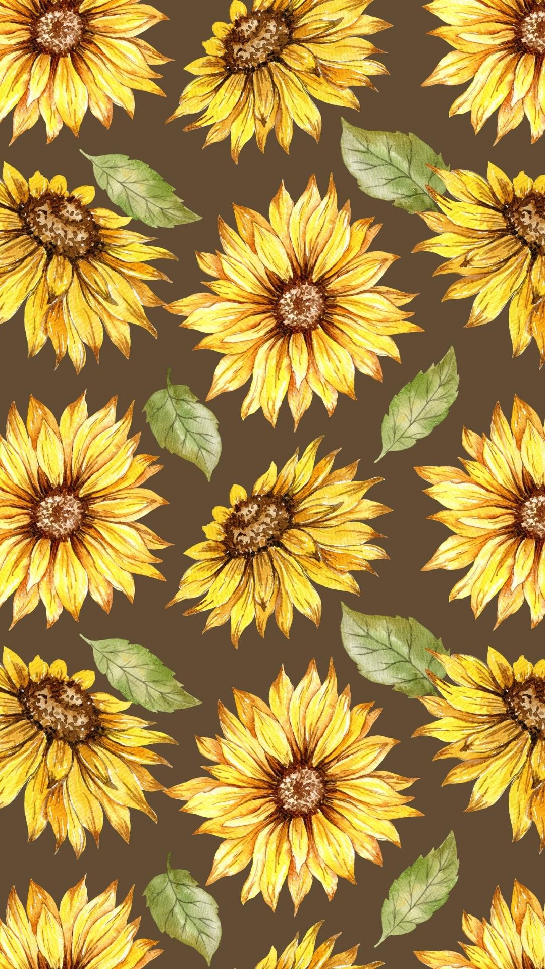 Golden yellow sunflowers on a brown background. Makes gorgeous cellphone wallpaper for your home screen or lockscreen.