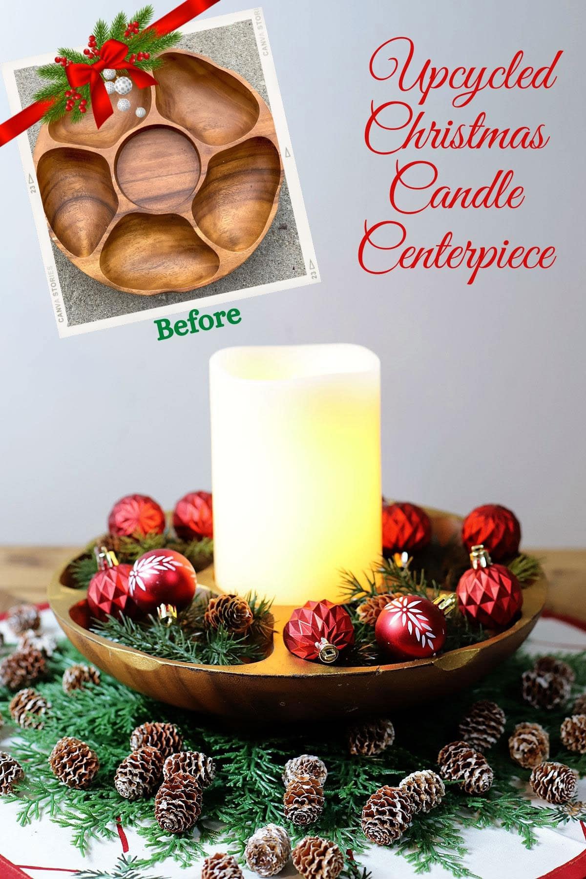 Mid century modern serving bowl upcycled into a Christmas candle holder centerpiece.