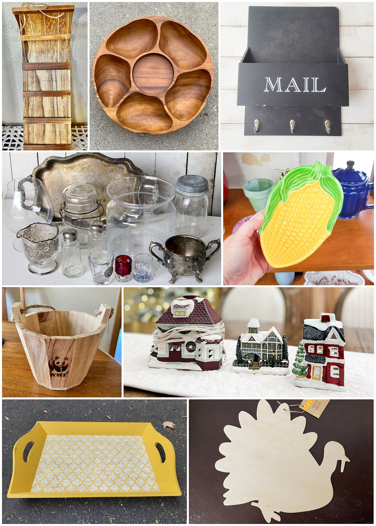 Thrift store finds upcycled into home decor.