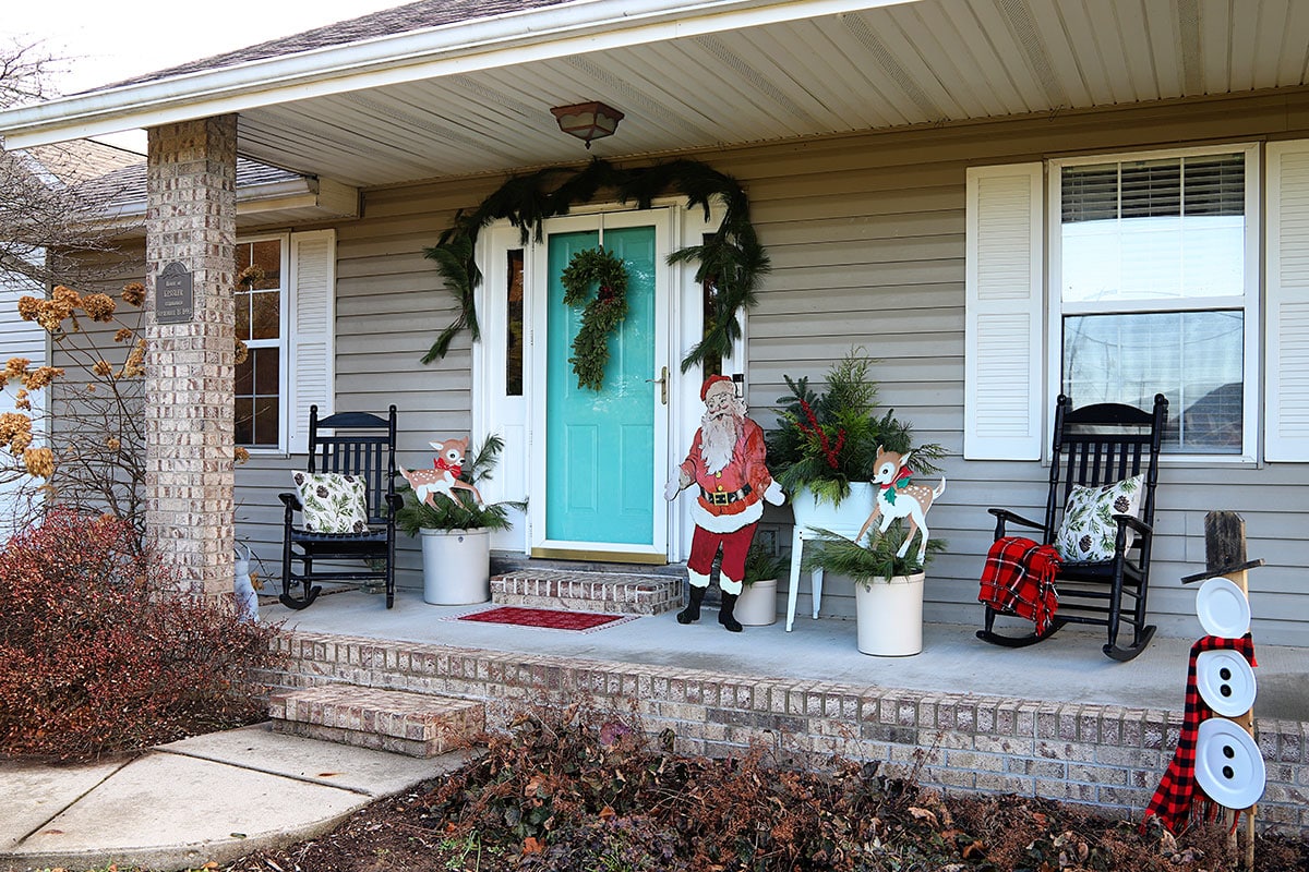 Front porch decorated for Christmas. 