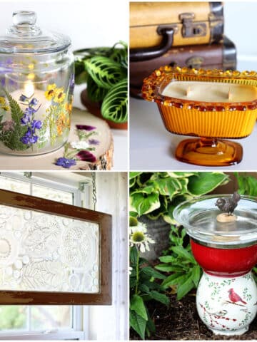 Glassware from the thrift store repuposed into home and garden decorating items.