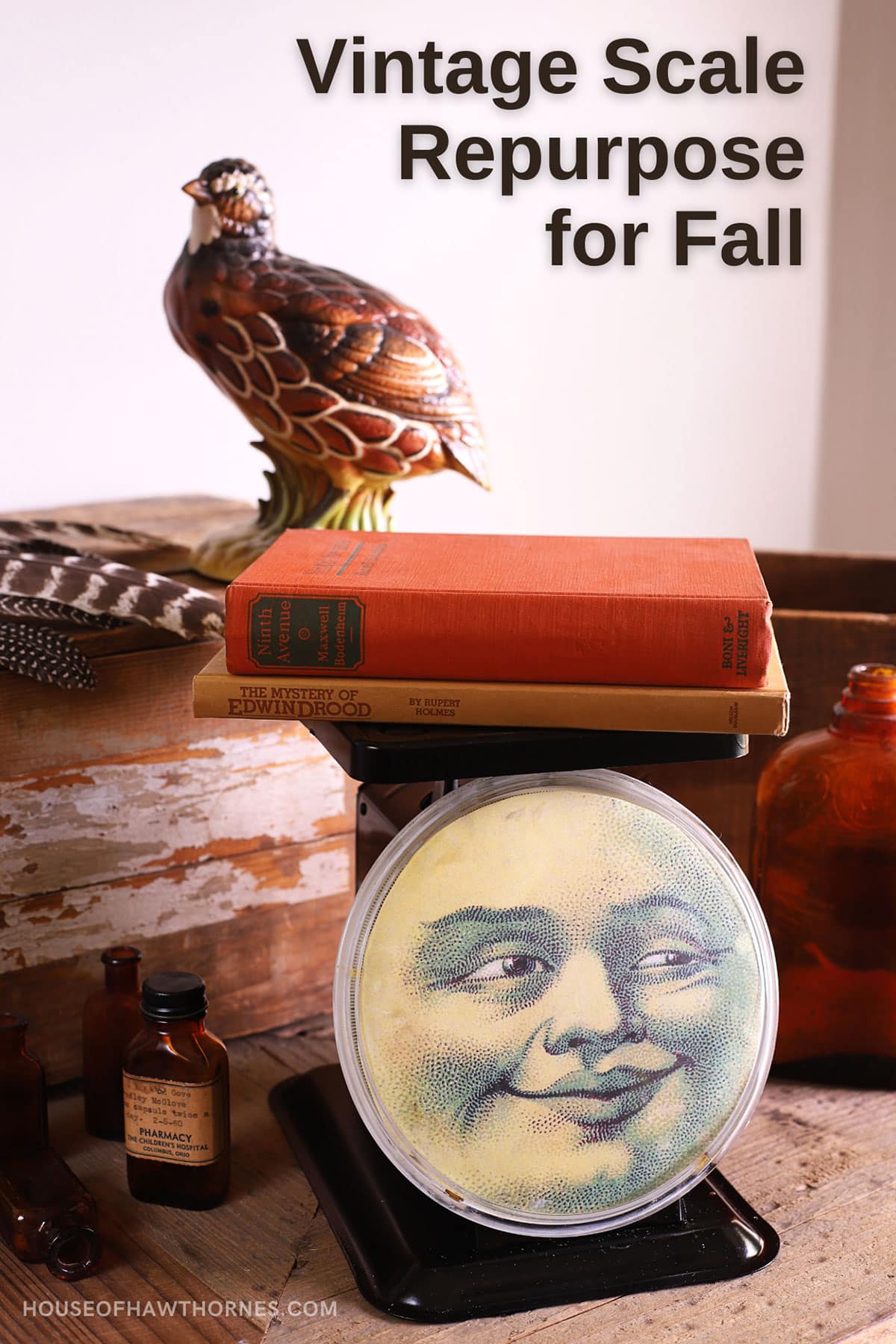 Vintage black scale with a man in the moon face on the dial. Cute decor for fall or Halloween. 