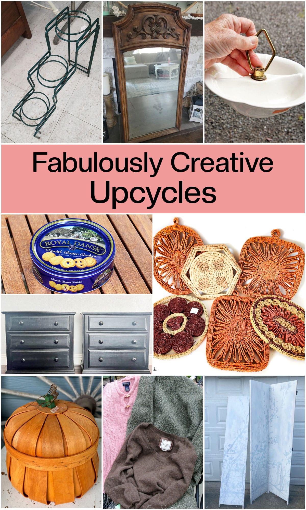 Creative upcycles including repurposing old sweaters, Royal Dansk butter cookie tins and thrift store pot trivets.