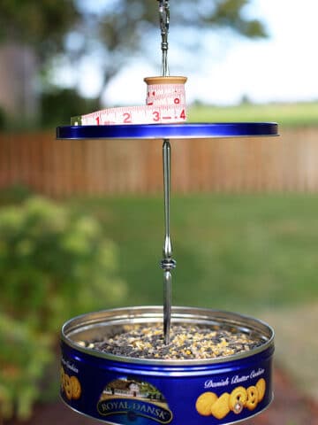 A repurposed Danish butter cookies tin made into a bird feeder.