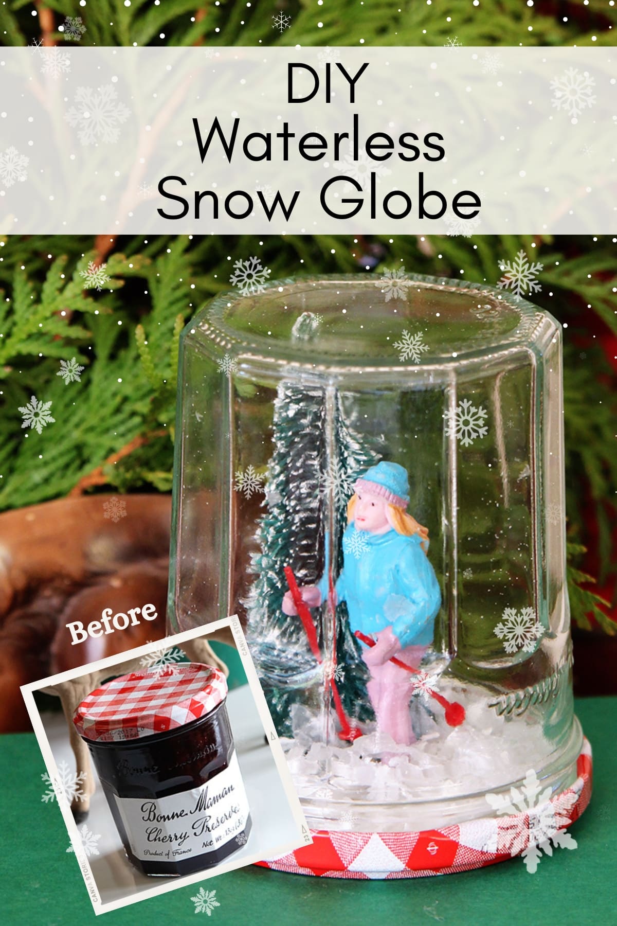 Looking to shake up your holiday decor? Learn how to make these enchanting DIY Waterless Snow Globes using repurposed jars! A quick, easy and inexpensive holiday craft project the kids can help with.