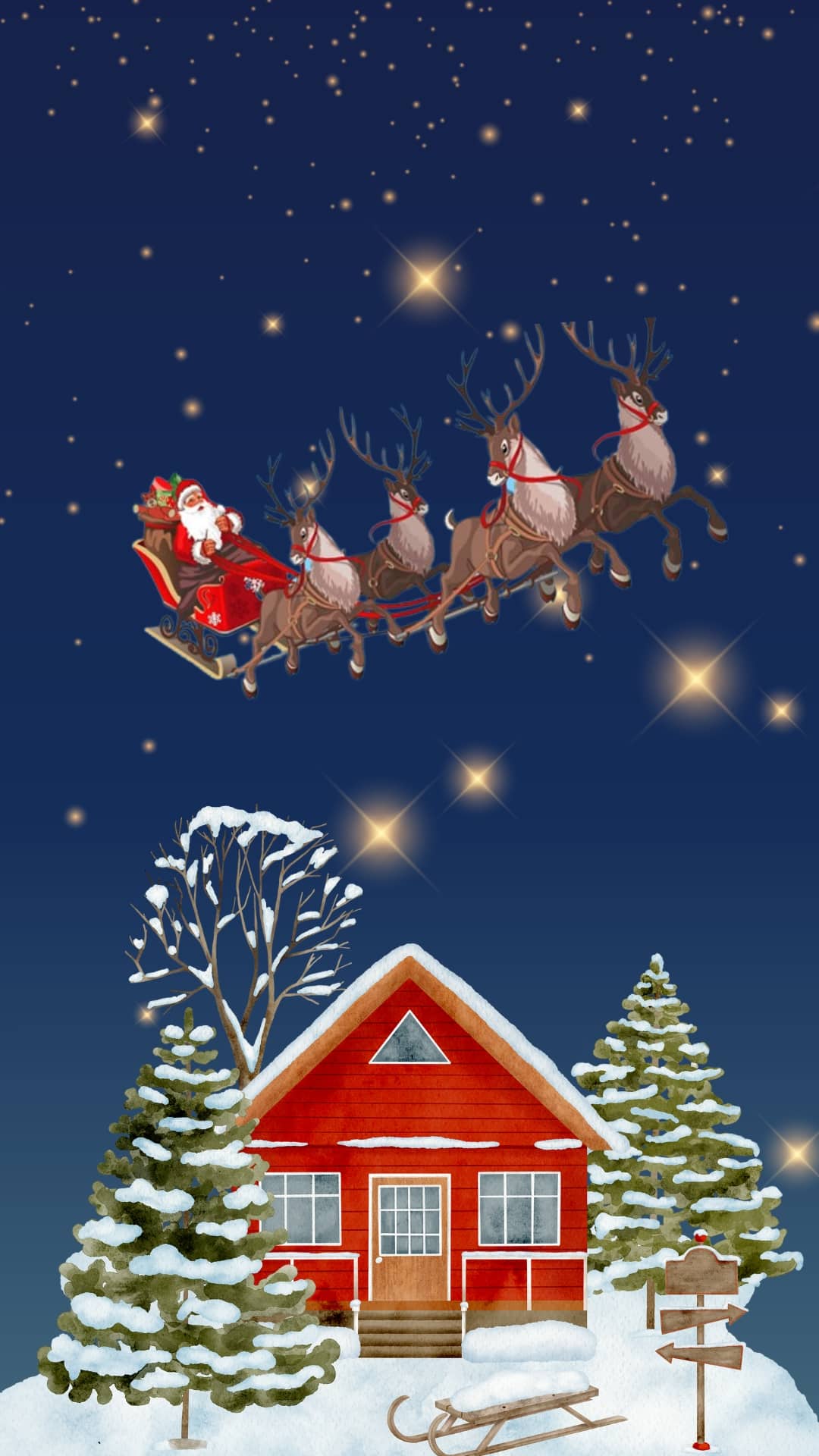 Blue night sky background with Santa and his sleigh flying over a red house. 