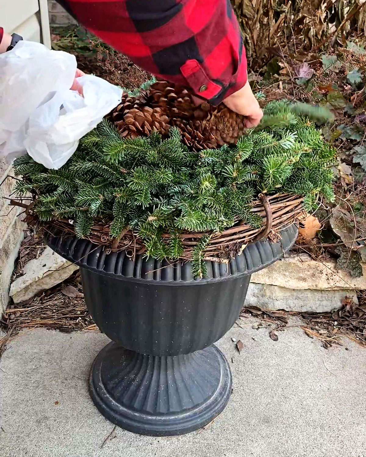 Add store-bought pine cones to the center of your porch pot.