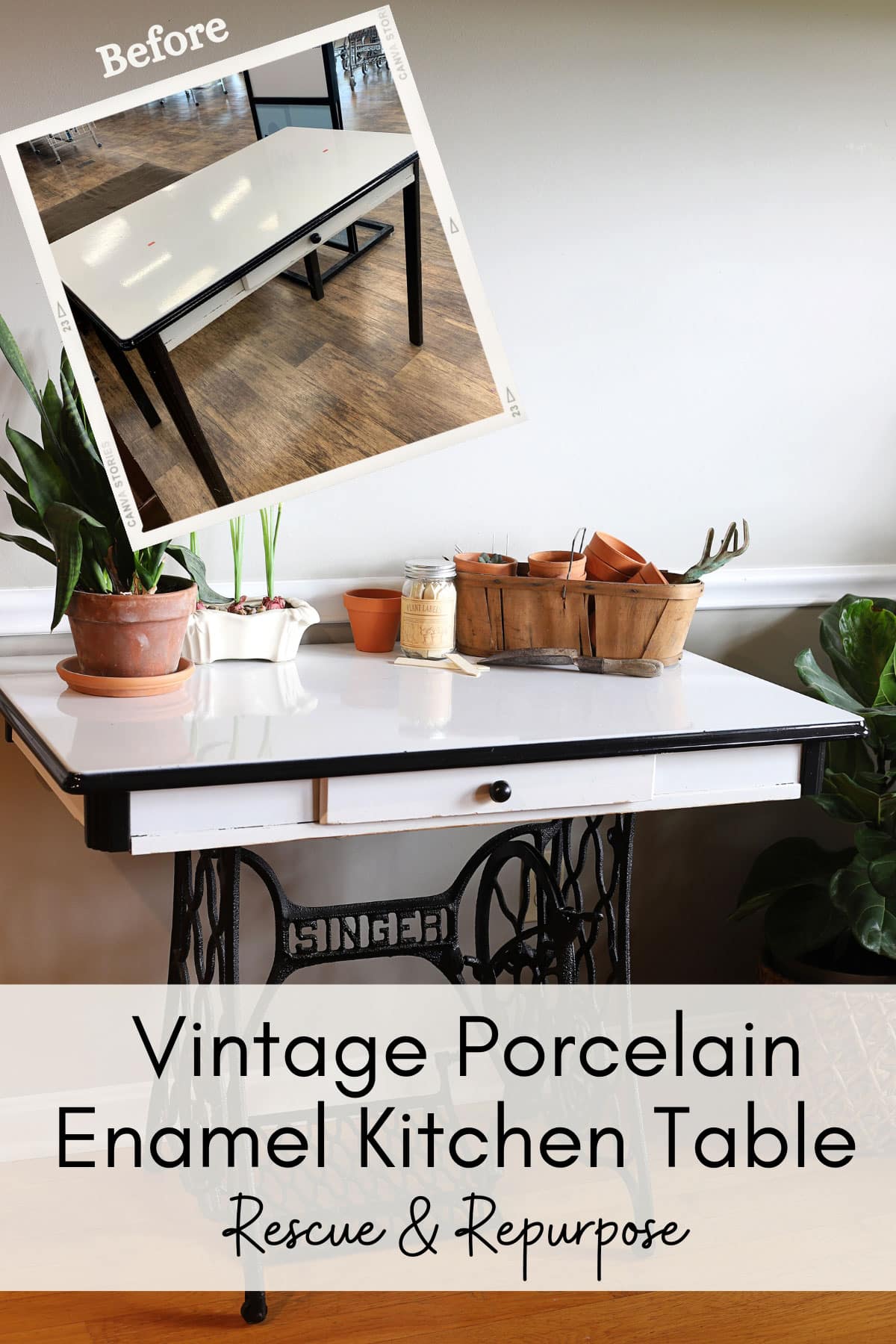 This eco-friendly upcycling project combines a thrifted porcelain enamel table with a vintage Singer sewing machine base for a unique retro-style table.