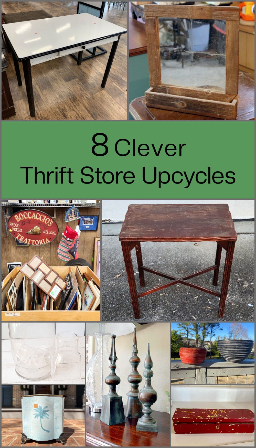Image showing before photos of Thrift Store Upcycles including tabels, flower pots and picture frames. 